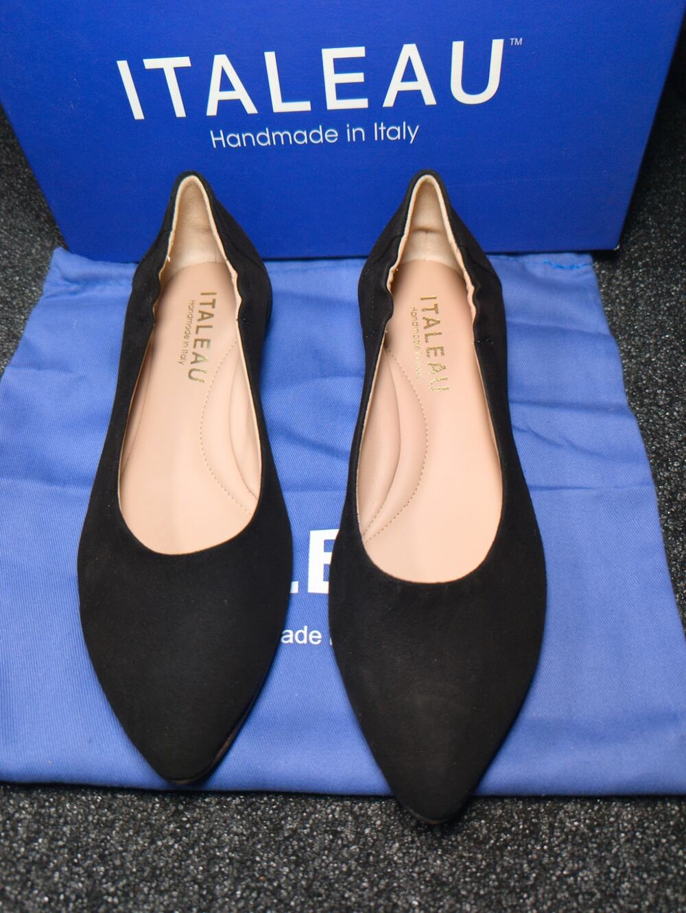 Italeau Mara Women's Black Suede Pointed Toe Flats Size 37 Handmade Italy